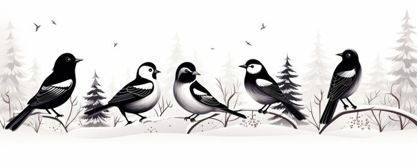 Fototapeta premium Birds in a winter scene flat design front view seasonal theme cartoon drawing black and white