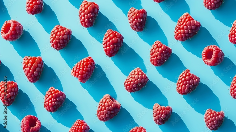 Poster Colorful pattern of raspberries on blue background From top view : Generative AI