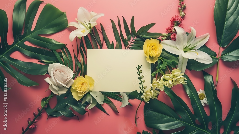 Poster creative layout made of flowers and leaves with paper card note flat lay nature concept : generative