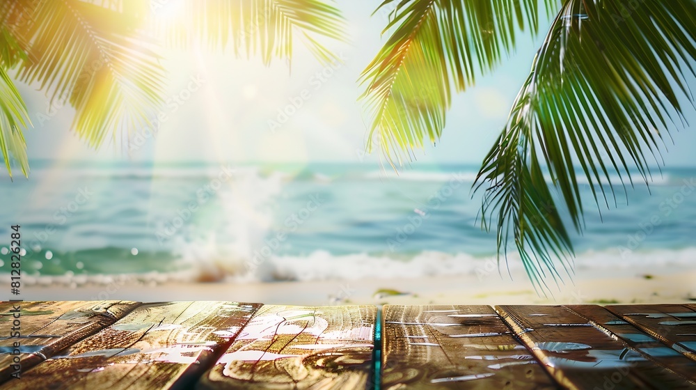 Aufkleber Blur tropical beach with bokeh sun light wave and palm tree on copy space empty old wood table abstract background Product presentation in nature Vintage tone filter effect color style : Generative AI