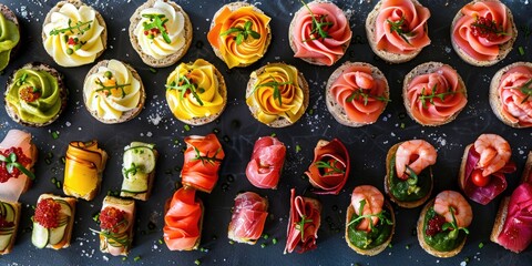 Buffet assortment of canapes. Delicious appetizers, catering food.