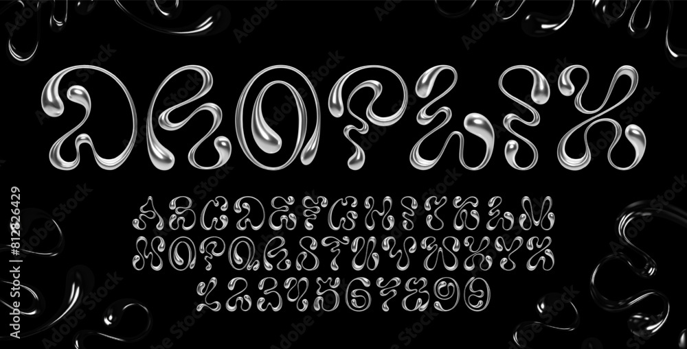 Poster 3d chrome liquid metal alphabet letter and number set with wavy melting shapes. fluid y2k font with 