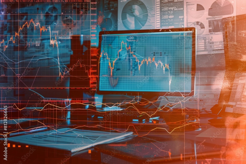 Poster a computer monitor displays a graph of stock prices