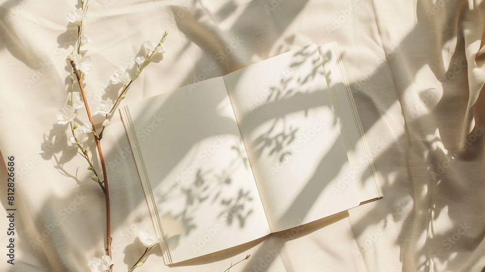 Poster Open notepad blank sheets and floral sunlight shadows on a neutral beige linen background mock up with copy space aesthetic writer blog design template : Generative AI
