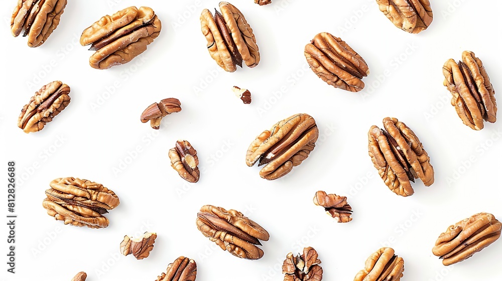 Poster Pecans isolated on white background Nuts scattered Top view Horizontal layout  Package design element with clipping path : Generative AI