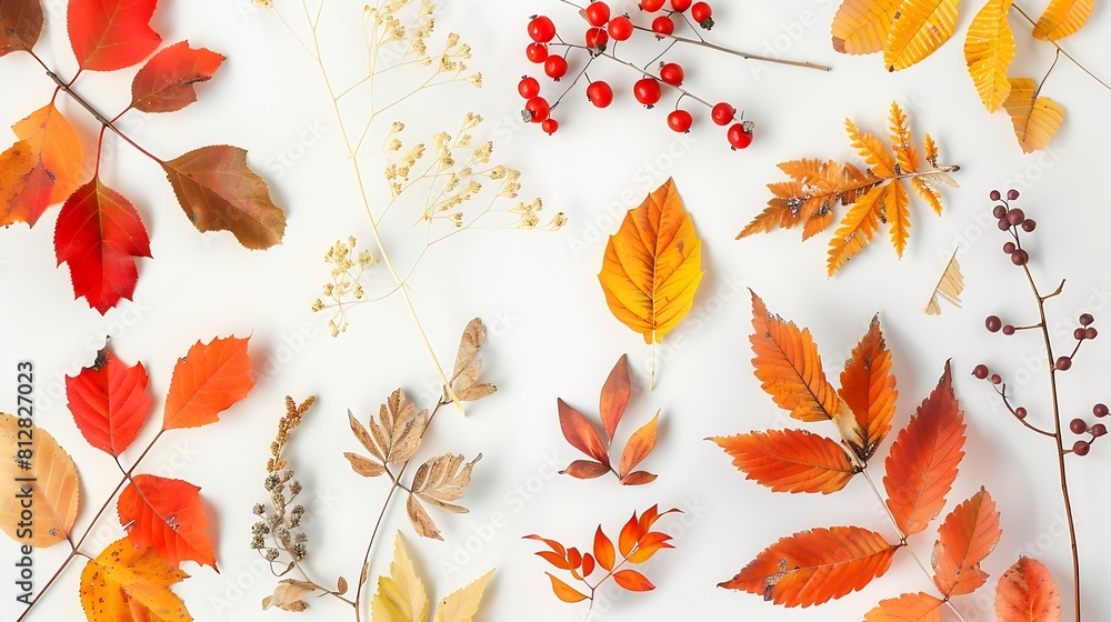 Poster autumn composition dried leaves flowers rowan berries on white background autumn fall thanksgiving d