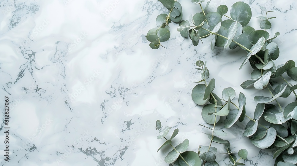 Aufkleber Marble paper blank eucalyptus branches on pastel gray background Flat lay top view square copy space : Generative AI