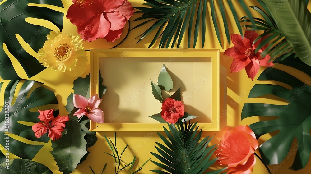 Poster creative layout made of flowers and leaves with paper card notesquare framenature conceptleaf in for