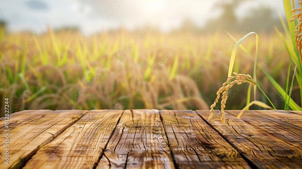 Aufkleber wooden table top on blur rice field background in daytimeharvest rice or whole wheatfor montage prod