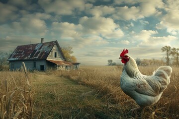 Proud white rooster stands before an abandoned farmhouse amidst golden fields under a dramatic sky