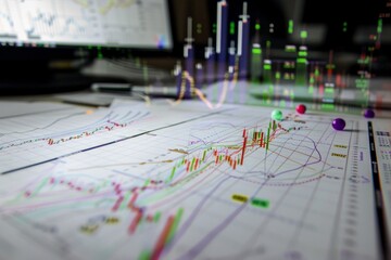 Vibrant green screen on a computer monitor showcasing intricate numerical data and graphs. Analytical insights and visualization concept.