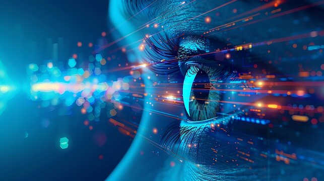 Closeup of an eye with data privacy warning symbols reflected, side view, Data breach, Advanced tone, Analogous Color Scheme