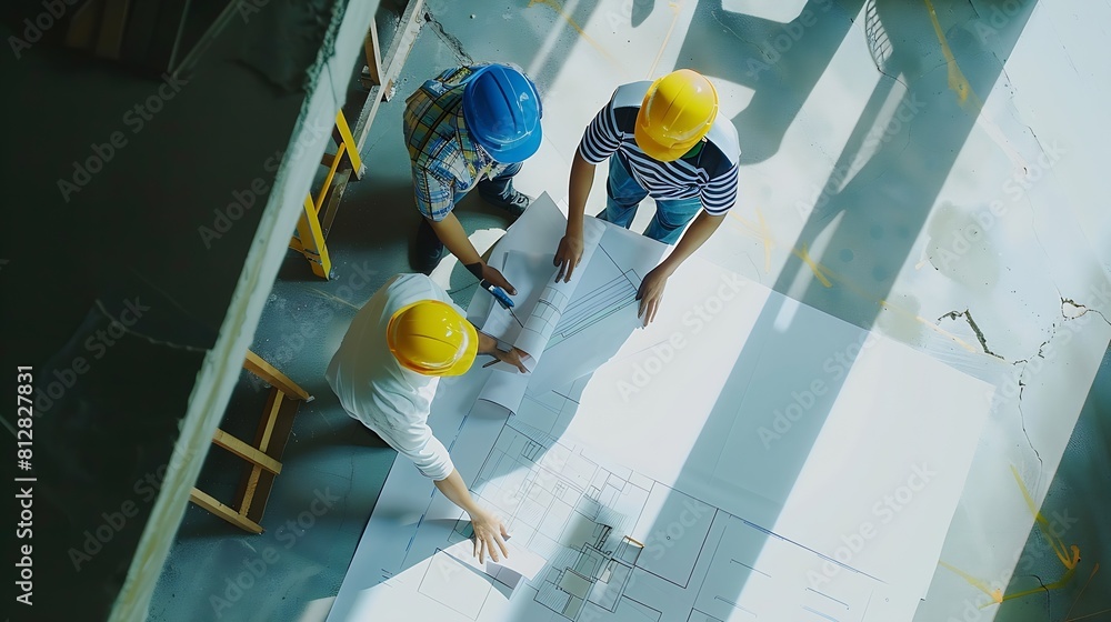 Aufkleber Team of young man and woman engineers and architects meetingworking discussingplaningdesigning measuring layout of building blueprints in construction site floor at factorytop view cop : Generative AI