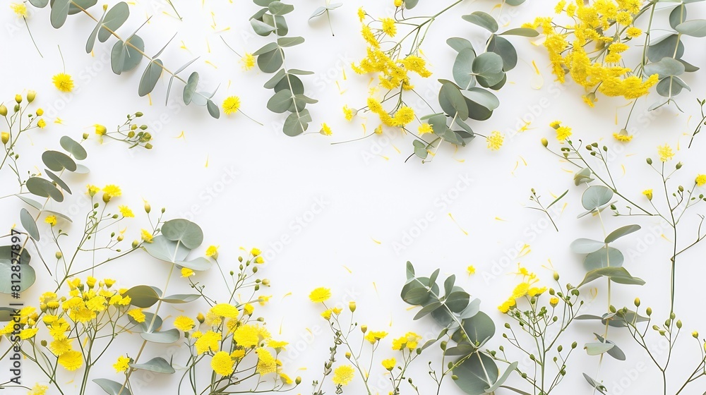 Poster flowers composition yellow flowers eucalyptus branches on white background spring concept flat lay t