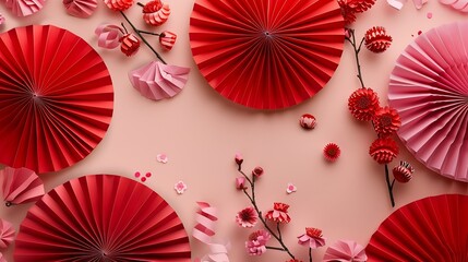 Chinese New Year dcor arrangement Top view of red paper fans and sakura bloom on a festive pastel beige table with empty space for wishes : Generative AI