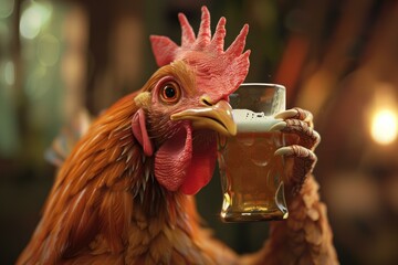 Humorous digital artwork of a chicken clinking a glass of beer, blending farm life with celebration