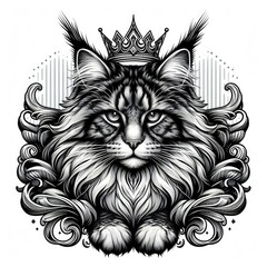A maine coon cat with a crown image has illustrative meaning used for printing card design illustrator.