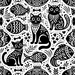 A pattern of cats and fish image photo attractive has illustrative meaning illustrator.
