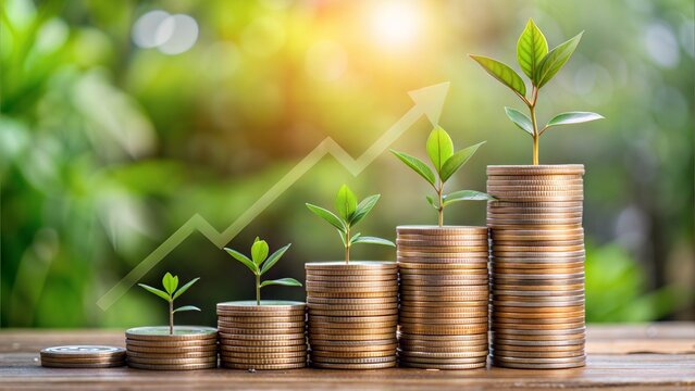 Coins with Financial Growth Arrow and Plant: A photo of coins arranged next to a growth arrow and a plant, symbolizing financial growth, investments, and wealth accumulation over time.	
