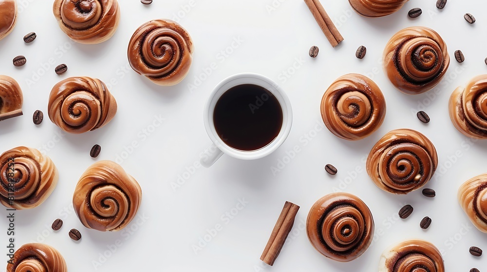 Poster creative layout made of cinnamon buns and cup of coffee on the white background flat lay food concep