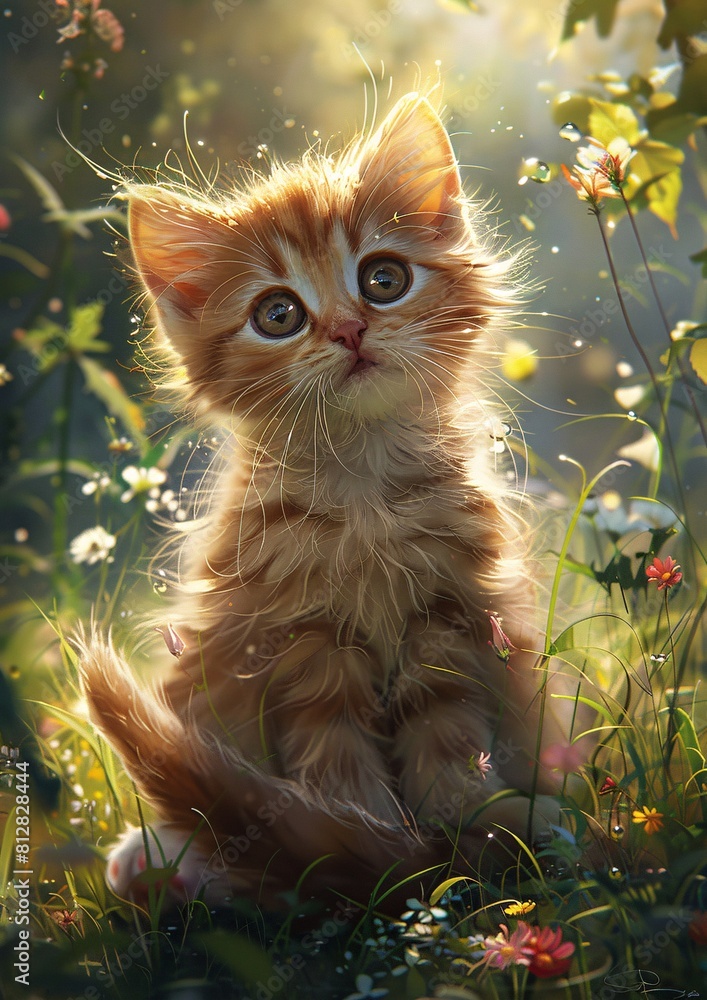 Poster charming kitten in a forest setting