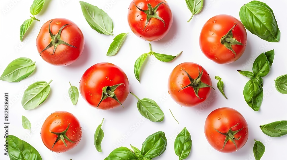 Poster tomato and basil leaves creative composition isolated on white background food healthy eating and di