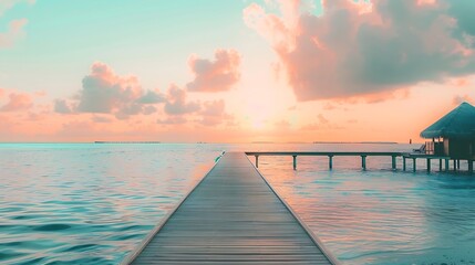 Obraz premium Amazing tranquil travel Maldives island luxury over water villas pier resort Beautiful sunny sky sea bay lagoon beach background Summer vacation holiday Paradise shore exotic pristine : Generative AI