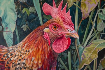 Vividly painted rooster against a lush green foliage backdrop
