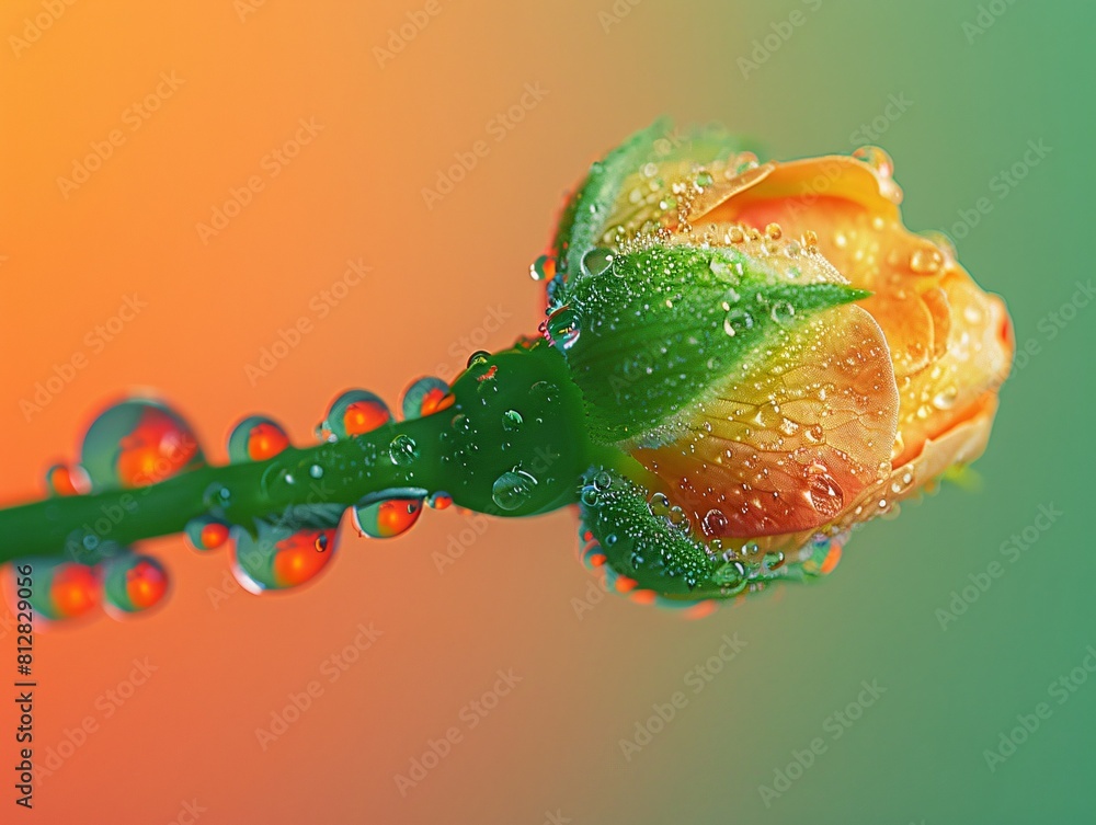Poster close-up flower macro with dewdrops on a soft blur background