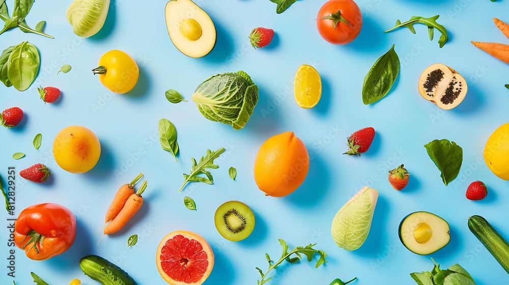 Poster creative neatly arranged food layout with fruits vegetables and leaves on bright background minimal 
