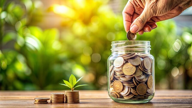 Coins with Retirement Savings Jar: A photo of coins being deposited into a retirement savings jar or container, symbolizing saving for retirement and financial security.	
