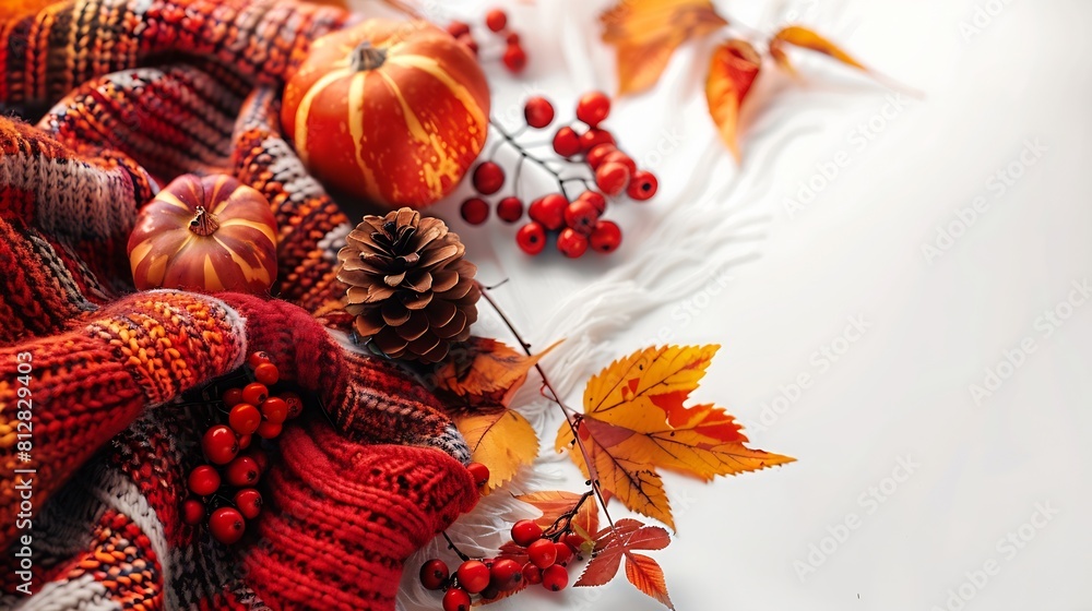 Aufkleber autumn layout warm knitted plaid and autumn leaves fruits berries on a white background hello autumn