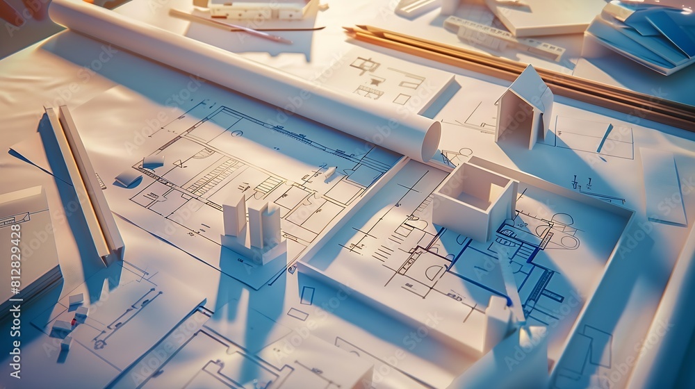 Leinwandbilder architect design working drawing sketch plans blueprints and making architectural construction model in architect studioflat lay : Generative AI