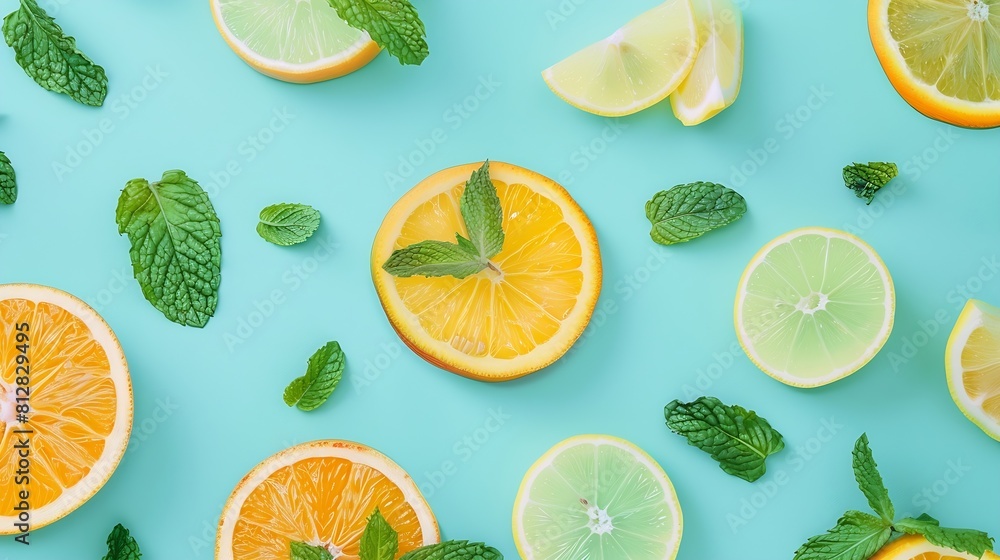 Poster Citrus slices and mint herbs frame on retro mint pastel background with copyspace from above Top view of lemon and orange refreshment Summer fruit smoothie minimal banner design : Generative AI