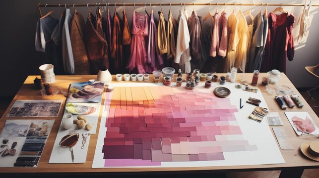 Fashion design sketches and mood boards flat design top view creative process theme animation Colored pastel