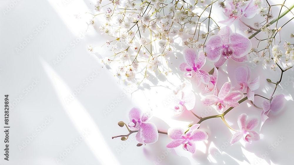 Poster orchid flowers and gypsophila bouquet creative layout flower composition isolated on white backgroun