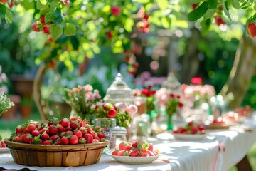 Naklejka premium A lush garden party setup with guests enjoying strawberry sundaes on picnic tables An empty tablecloth provides ample room for overlays or creative designs amidst this festive back