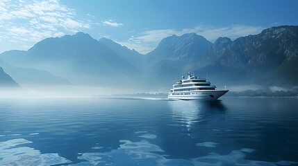 Crukenloch cruise ship sailing on the sea, white and blue colors, background with calm water surface, distant mountains, clear sky.
