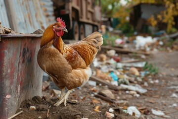 Ecofriendly urban rooster scavenging amidst litter, highlighting the environmental issue of pollution and waste management in the city's wildlife ecosystem