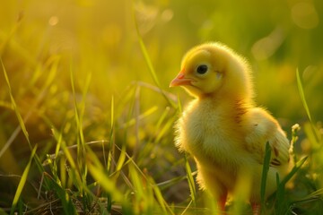 A newborn chick explores nature during the golden hour, illuminated by sunset