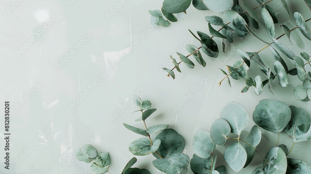 Poster Natural green eucalyptus branches on empty light grey background with copy space Trendy layout with fresh plant Eco spring concept Skin care product advertising Top view minimal compos : Generative AI