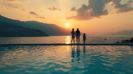 Fototapeta premium A family on summer holidays stands by the swimming pool and enjoys the beautiful sunset behind the mountains and the sea : Generative AI