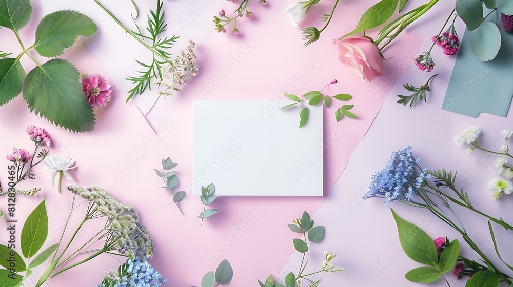 Poster creative layout made of flowers and leaves with paper card note flat lay nature concept : generative