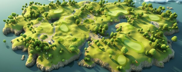 Golf course aerial view during a tournament flat design top view precision sport theme 3D render Tetradic color scheme