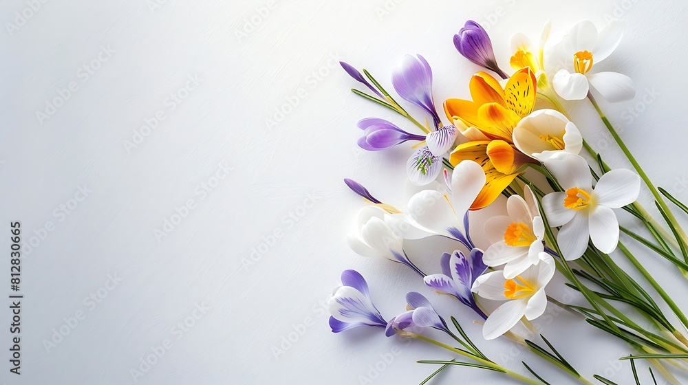 Poster Snowdrop and crocus spring first flowers bouquet isolated on white background Hello spring Creative layout Top view flat lay Design element Springtime greeting card Easter holiday conc : Generative AI