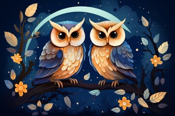 Nocturnal animals in the moonlight flat design front view nighttime theme water color Analogous Color Scheme
