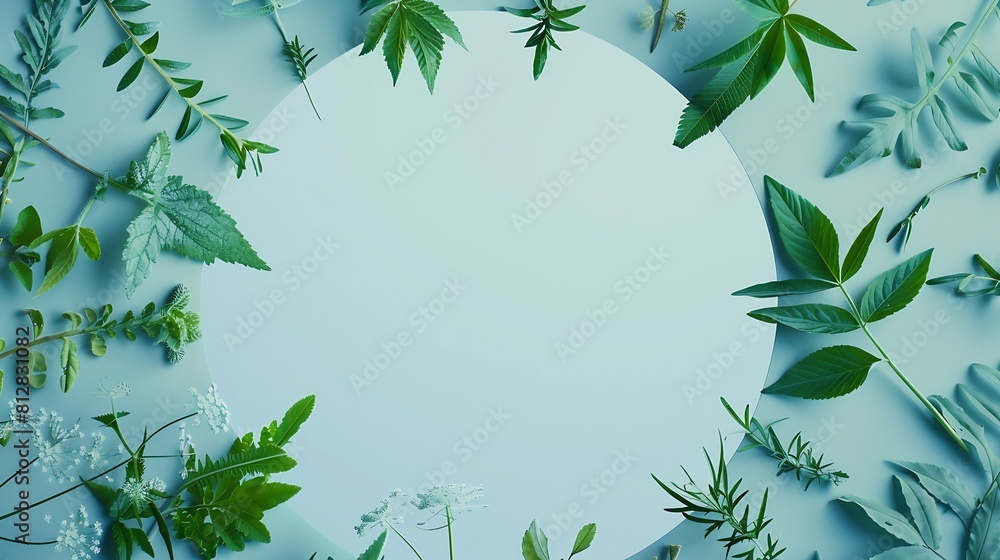 Poster creative layout of green leaves various wild plants on blue and white empty round frame copy space s