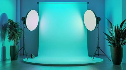 Modern Photo Studio Setup with Vibrant Lighting and Tropical Plants