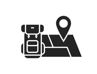 backpack and map with location pin flat icon. travel, hiking and vacation symbol. isolated vector illustration for tourism design