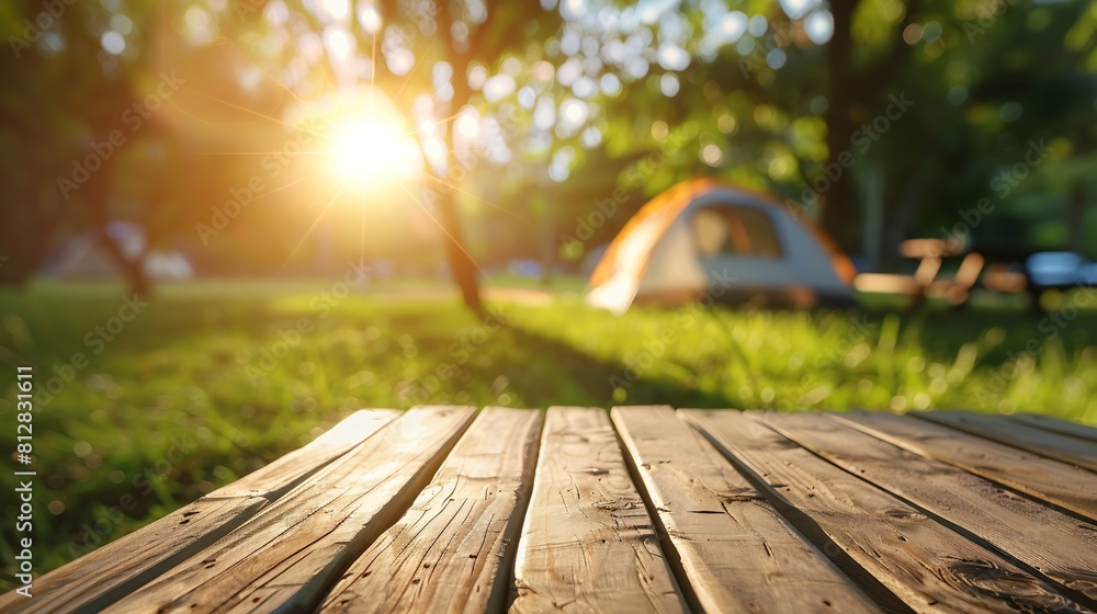 Poster wooden table top on blur tent camping travel tent and grass fieldfresh and relax conceptfor montage 